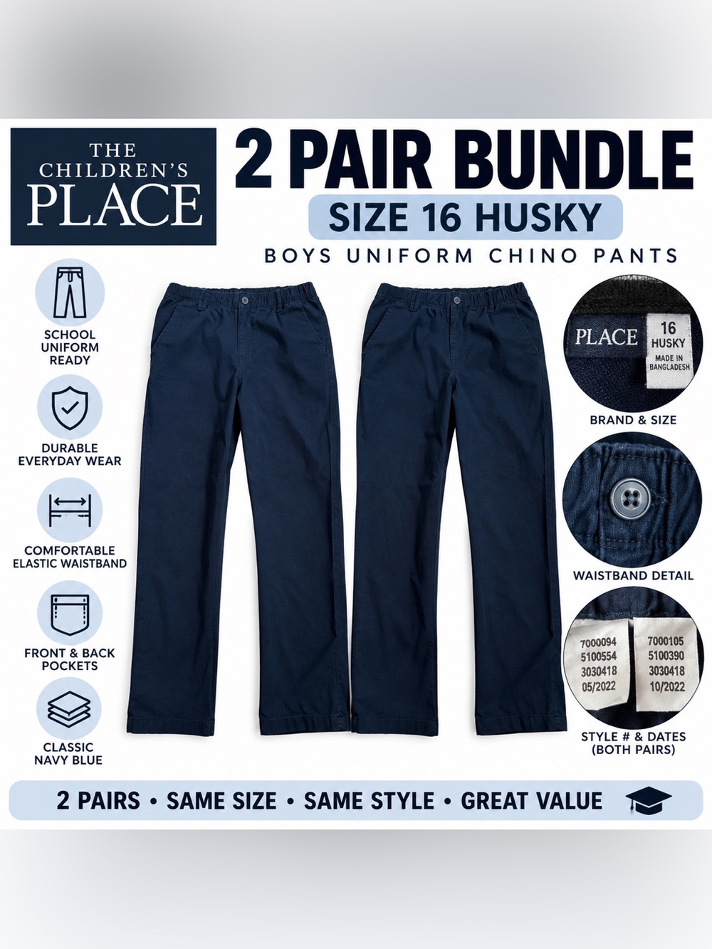 Boys Navy Uniform Chino Pants Size 16 Husky- 2 Pair Bundle